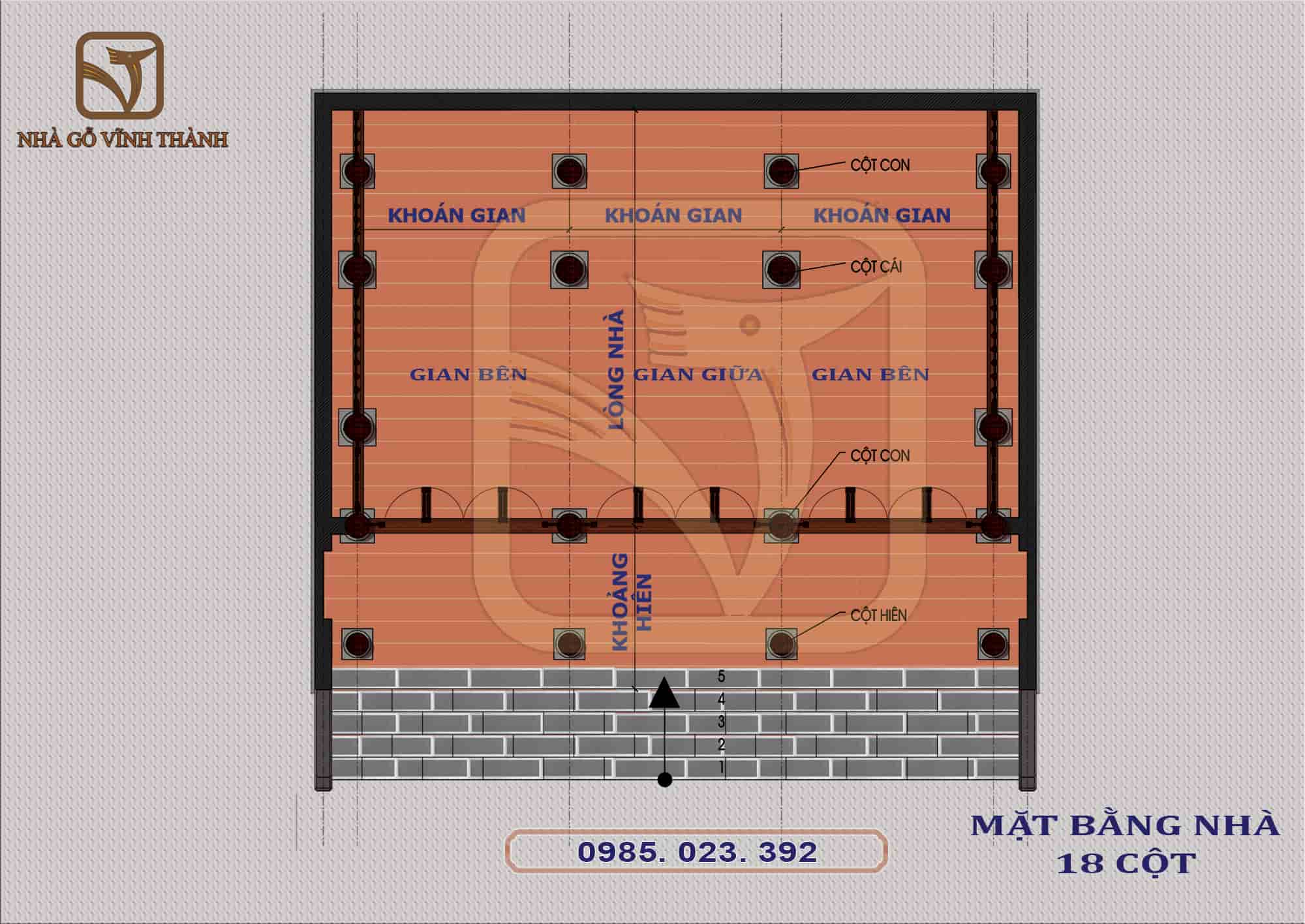 Mẫu nhà gỗ 3 gian 18 cột