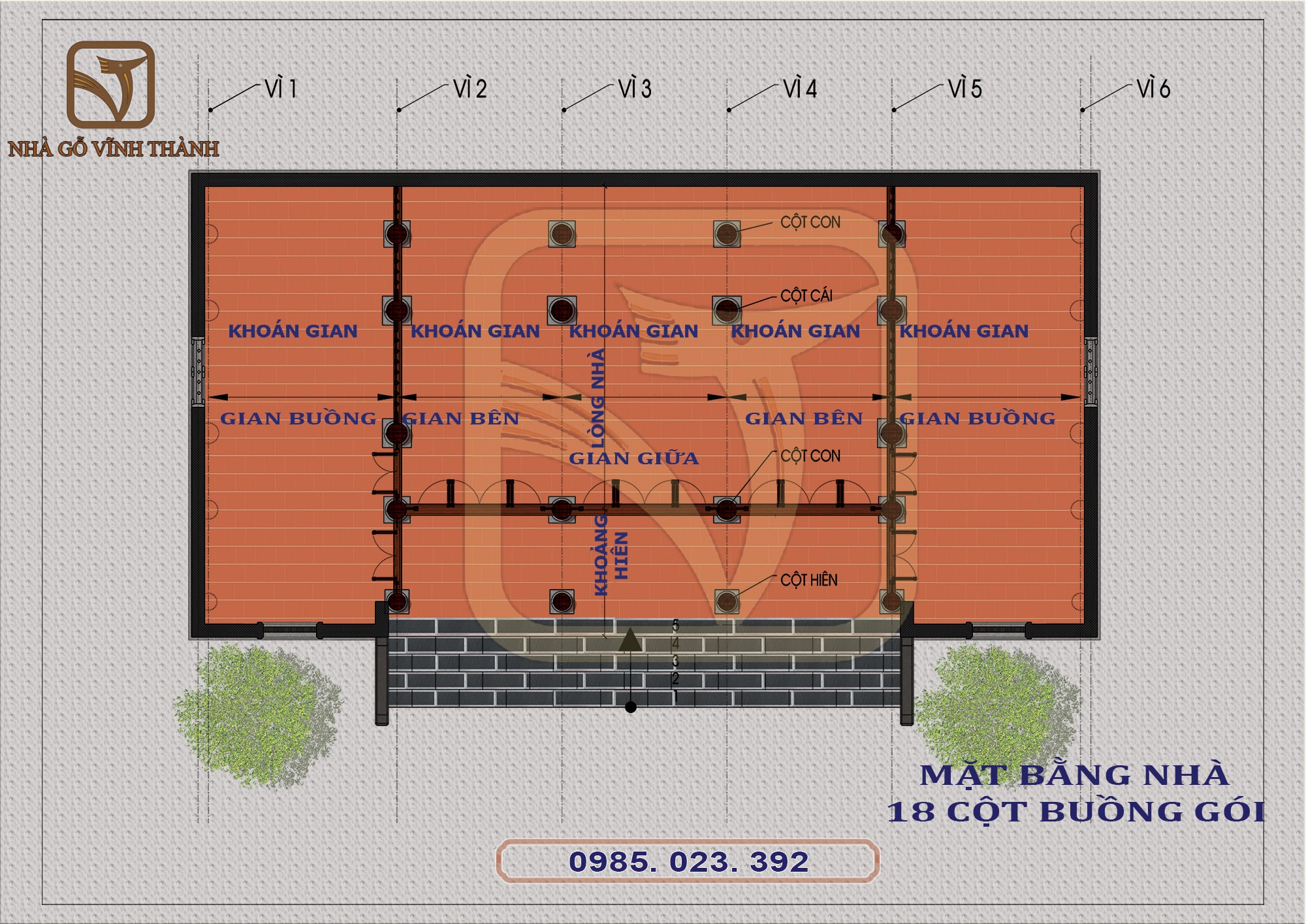 Mẫu nhà gỗ 5 gian 18 cột buồng gói